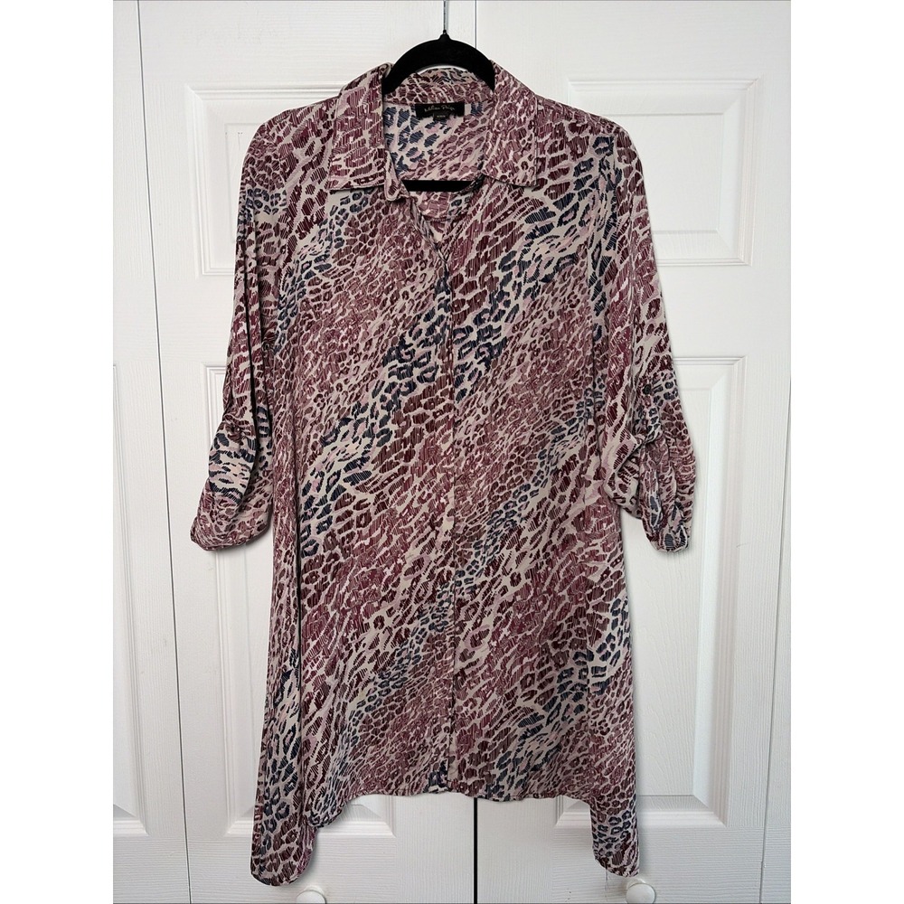 Melissa Paige Abstract Animal Print Tunic Womens Size M Burgundy Roll Tab Dress